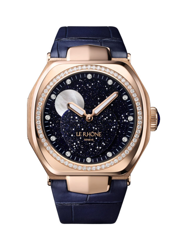 Moon Aventurine 37mm Pink Gold Diamonds Bezel Blue Leather Strap