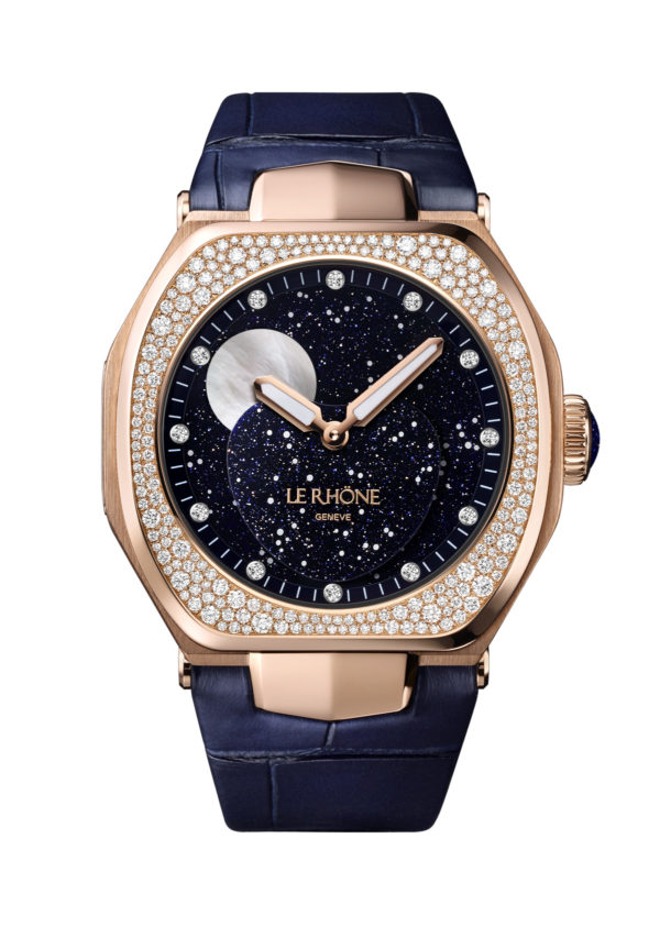 Moon Aventurine 37mm Pink Gold Snowflake Set Bezel Blue Leather