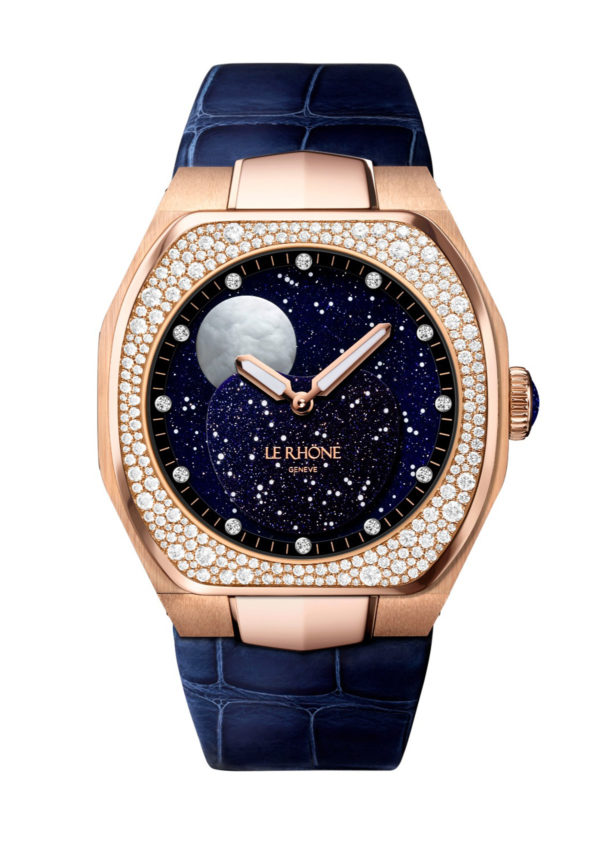 Moon Aventurine 41mm Pink Gold Blue Leather Diamond Snowflake Bezel