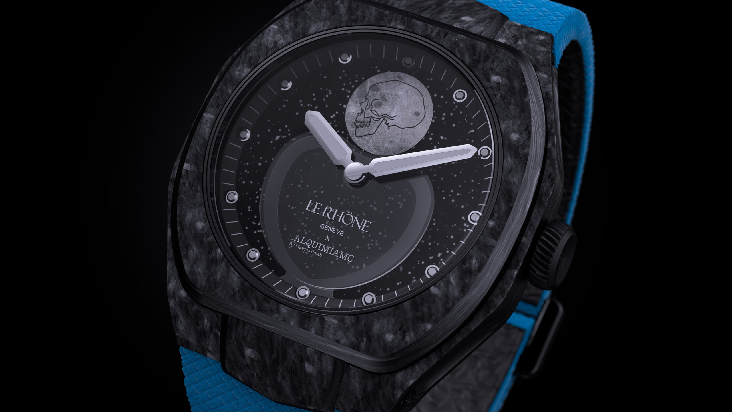 Moön Skull for Unicef in Carbon and blue rubber strap